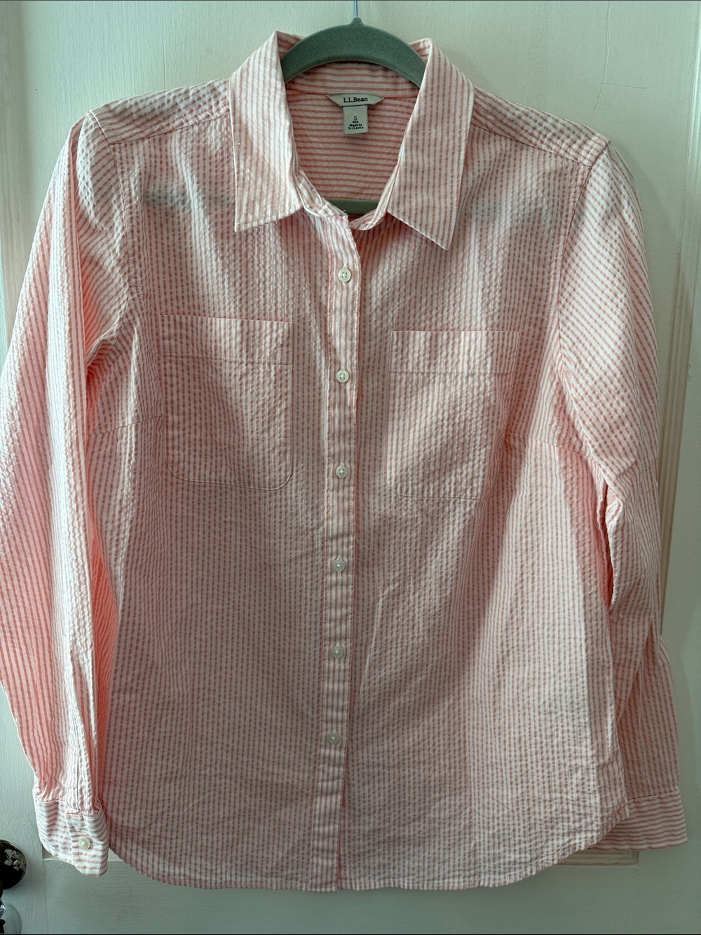 L.L. Bean Light Pink Striped Seersucker Button-Down Shirt